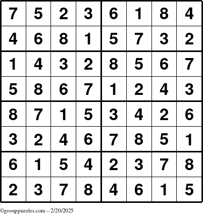 The grouppuzzles.com Answer grid for the Sudoku-8 puzzle for Thursday February 20, 2025