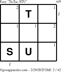 The grouppuzzles.com Easy TicTac-STU puzzle for Thursday February 20, 2025 with all 2 steps marked