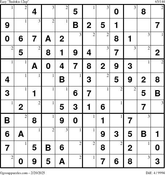 The grouppuzzles.com Easy Sudoku-12up puzzle for Thursday February 20, 2025 with the first 3 steps marked