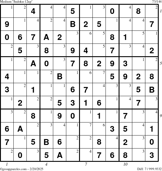 The grouppuzzles.com Medium Sudoku-12up puzzle for Thursday February 20, 2025, suitable for printing, with all 7 steps marked
