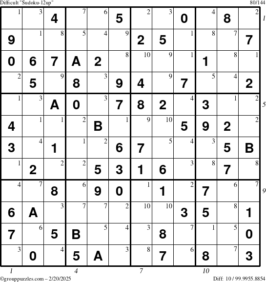 The grouppuzzles.com Difficult Sudoku-12up puzzle for Thursday February 20, 2025 with all 10 steps marked