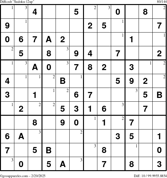 The grouppuzzles.com Difficult Sudoku-12up puzzle for Thursday February 20, 2025 with the first 3 steps marked