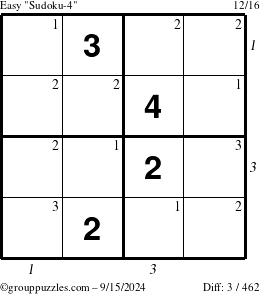 The grouppuzzles.com Easy Sudoku-4 puzzle for Sunday September 15, 2024 with all 3 steps marked