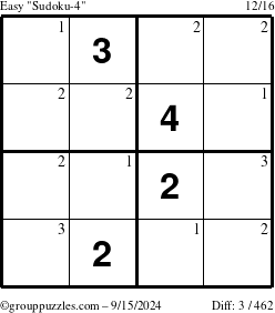 The grouppuzzles.com Easy Sudoku-4 puzzle for Sunday September 15, 2024 with the first 3 steps marked