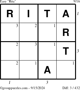 The grouppuzzles.com Easy Rita puzzle for Sunday September 15, 2024 with all 3 steps marked