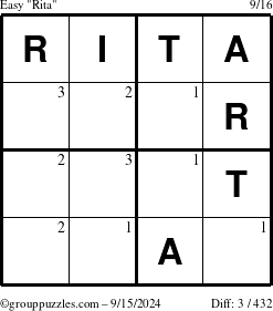 The grouppuzzles.com Easy Rita puzzle for Sunday September 15, 2024 with the first 3 steps marked