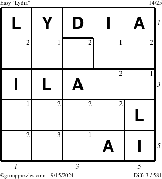 The grouppuzzles.com Easy Lydia puzzle for Sunday September 15, 2024 with all 3 steps marked