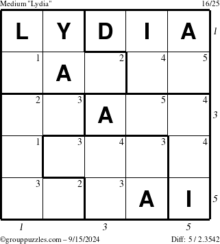 The grouppuzzles.com Medium Lydia puzzle for Sunday September 15, 2024 with all 5 steps marked