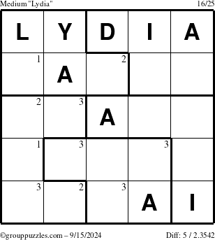 The grouppuzzles.com Medium Lydia puzzle for Sunday September 15, 2024 with the first 3 steps marked