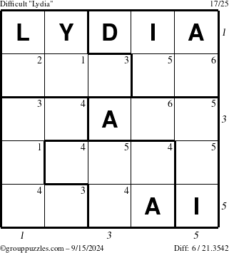 The grouppuzzles.com Difficult Lydia puzzle for Sunday September 15, 2024, suitable for printing, with all 6 steps marked