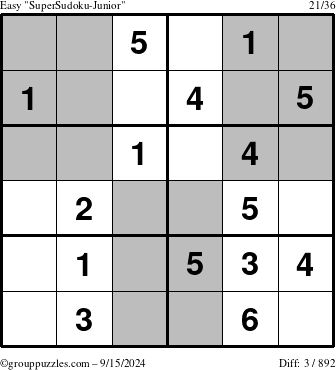 The grouppuzzles.com Easy SuperSudoku-Junior puzzle for Sunday September 15, 2024