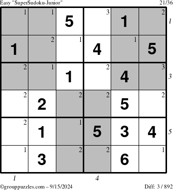 The grouppuzzles.com Easy SuperSudoku-Junior puzzle for Sunday September 15, 2024 with all 3 steps marked