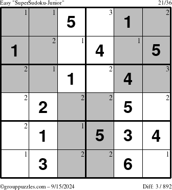 The grouppuzzles.com Easy SuperSudoku-Junior puzzle for Sunday September 15, 2024 with the first 3 steps marked