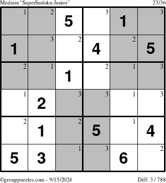 The grouppuzzles.com Medium SuperSudoku-Junior puzzle for Sunday September 15, 2024 with the first 3 steps marked