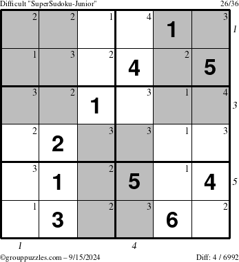 The grouppuzzles.com Difficult SuperSudoku-Junior puzzle for Sunday September 15, 2024, suitable for printing, with all 4 steps marked