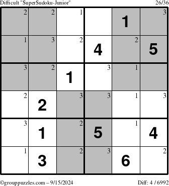 The grouppuzzles.com Difficult SuperSudoku-Junior puzzle for Sunday September 15, 2024 with the first 3 steps marked