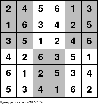 The grouppuzzles.com Answer grid for the SuperSudoku-Junior puzzle for Sunday September 15, 2024