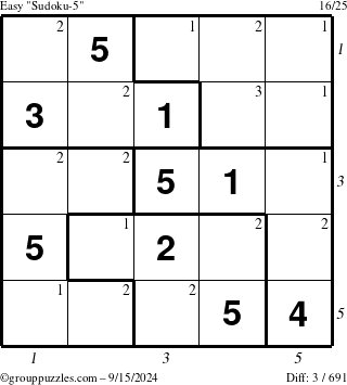 The grouppuzzles.com Easy Sudoku-5 puzzle for Sunday September 15, 2024 with all 3 steps marked