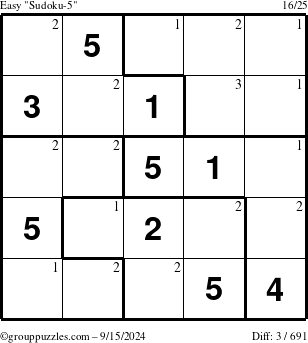 The grouppuzzles.com Easy Sudoku-5 puzzle for Sunday September 15, 2024 with the first 3 steps marked