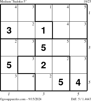 The grouppuzzles.com Medium Sudoku-5 puzzle for Sunday September 15, 2024 with all 5 steps marked