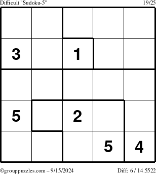 The grouppuzzles.com Difficult Sudoku-5 puzzle for Sunday September 15, 2024