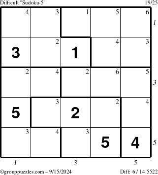 The grouppuzzles.com Difficult Sudoku-5 puzzle for Sunday September 15, 2024 with all 6 steps marked