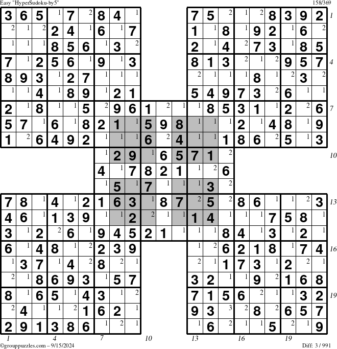 The grouppuzzles.com Easy HyperSudoku-by5 puzzle for Sunday September 15, 2024 with all 3 steps marked