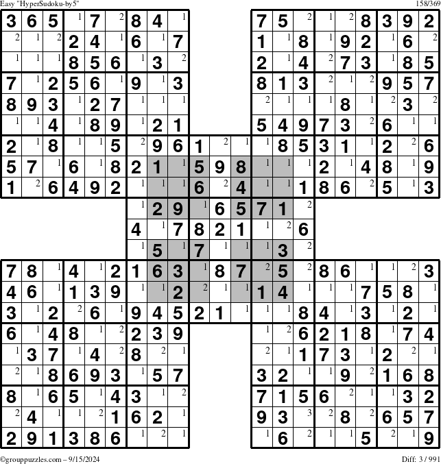 The grouppuzzles.com Easy HyperSudoku-by5 puzzle for Sunday September 15, 2024 with the first 3 steps marked