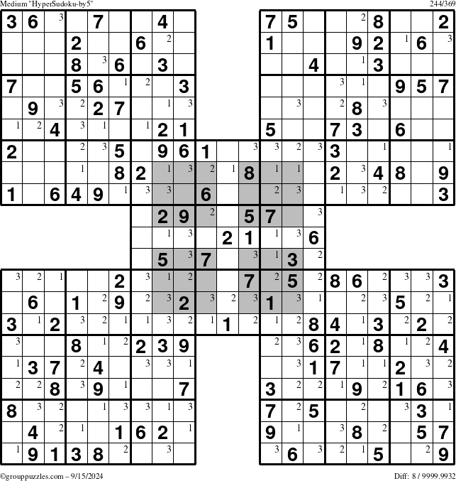 The grouppuzzles.com Medium HyperSudoku-by5 puzzle for Sunday September 15, 2024 with the first 3 steps marked