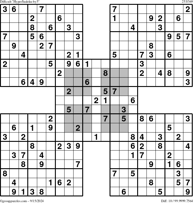 The grouppuzzles.com Difficult HyperSudoku-by5 puzzle for Sunday September 15, 2024