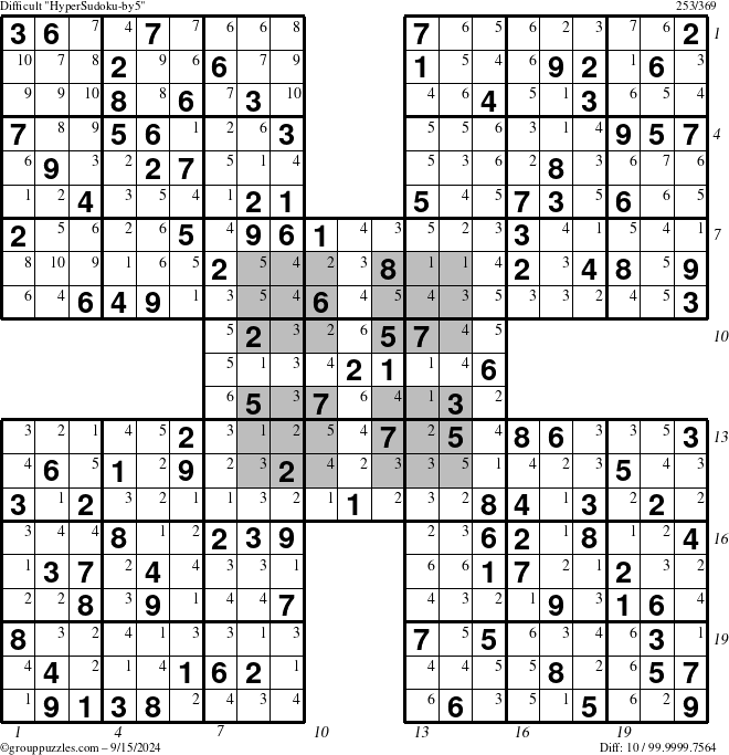 The grouppuzzles.com Difficult HyperSudoku-by5 puzzle for Sunday September 15, 2024 with all 10 steps marked