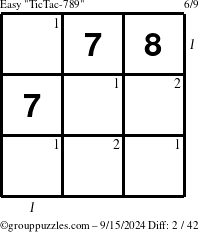 The grouppuzzles.com Easy TicTac-789 puzzle for Sunday September 15, 2024 with all 2 steps marked