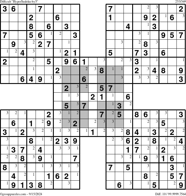 The grouppuzzles.com Difficult HyperSudoku-by5 puzzle for Sunday September 15, 2024 with the first 3 steps marked