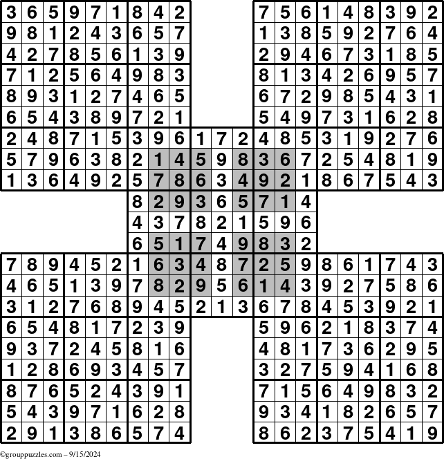 The grouppuzzles.com Answer grid for the HyperSudoku-by5 puzzle for Sunday September 15, 2024