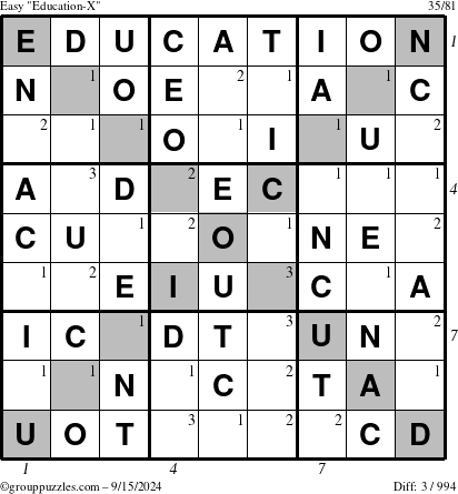 The grouppuzzles.com Easy Education-X puzzle for Sunday September 15, 2024, suitable for printing, with all 3 steps marked