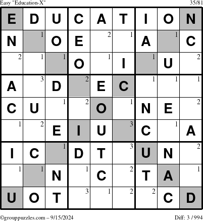 The grouppuzzles.com Easy Education-X puzzle for Sunday September 15, 2024 with the first 3 steps marked