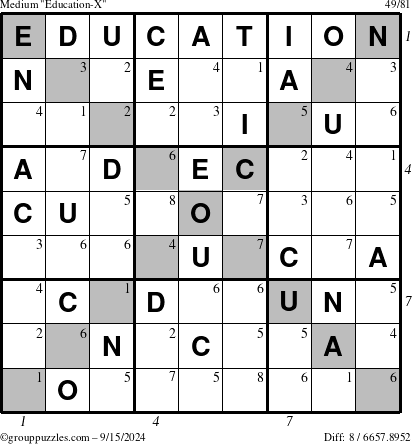 The grouppuzzles.com Medium Education-X puzzle for Sunday September 15, 2024, suitable for printing, with all 8 steps marked