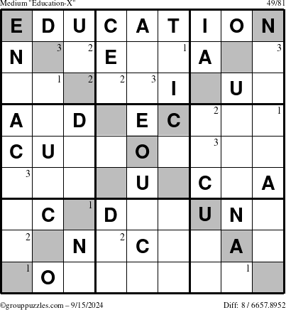 The grouppuzzles.com Medium Education-X puzzle for Sunday September 15, 2024 with the first 3 steps marked