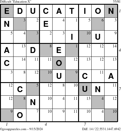 The grouppuzzles.com Difficult Education-X puzzle for Sunday September 15, 2024 with all 14 steps marked