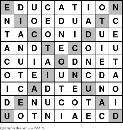 The grouppuzzles.com Answer grid for the Education-X puzzle for Sunday September 15, 2024