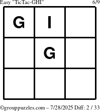 The grouppuzzles.com Easy TicTac-GHI puzzle for Monday July 28, 2025