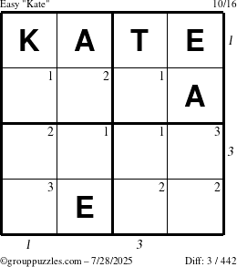 The grouppuzzles.com Easy Kate puzzle for Monday July 28, 2025 with all 3 steps marked
