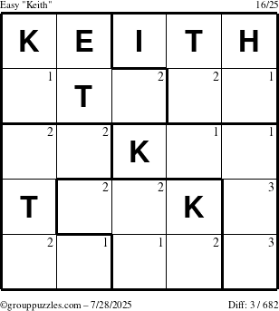 The grouppuzzles.com Easy Keith puzzle for Monday July 28, 2025 with the first 3 steps marked