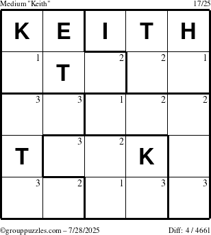 The grouppuzzles.com Medium Keith puzzle for Monday July 28, 2025 with the first 3 steps marked