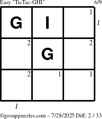 The grouppuzzles.com Easy TicTac-GHI puzzle for Monday July 28, 2025, suitable for printing, with all 2 steps marked