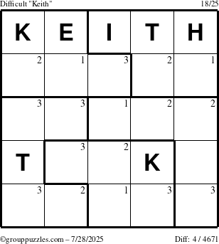 The grouppuzzles.com Difficult Keith puzzle for Monday July 28, 2025 with the first 3 steps marked