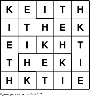 The grouppuzzles.com Answer grid for the Keith puzzle for Monday July 28, 2025