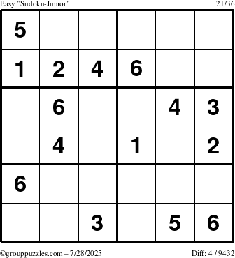 The grouppuzzles.com Easy Sudoku-Junior puzzle for Monday July 28, 2025