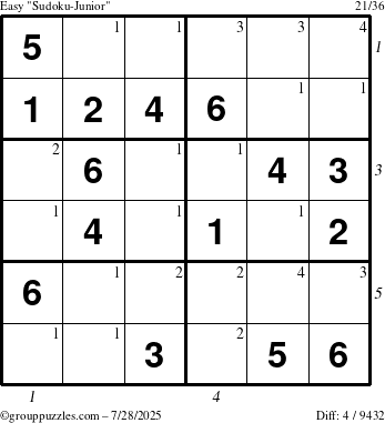 The grouppuzzles.com Easy Sudoku-Junior puzzle for Monday July 28, 2025 with all 4 steps marked