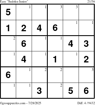 The grouppuzzles.com Easy Sudoku-Junior puzzle for Monday July 28, 2025 with the first 3 steps marked